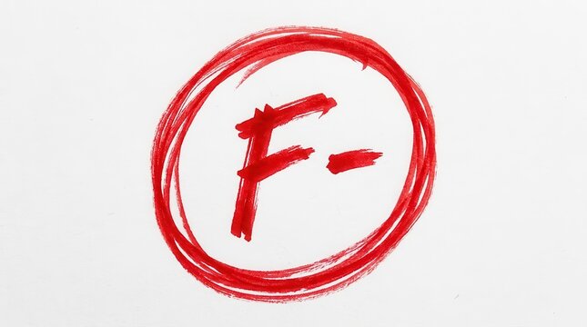 Red F Minus Grade Mark Circled on White Background Representing Failure and Poor Performance in School or Business