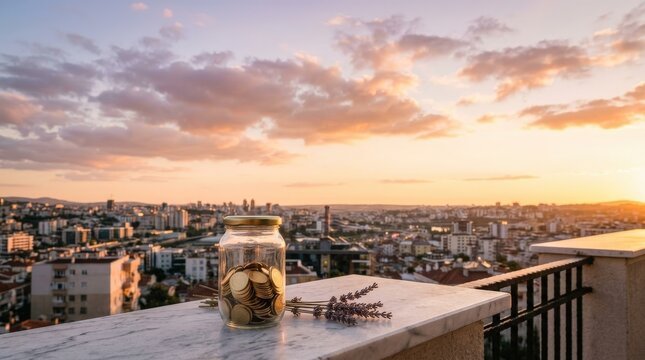 Glass jar of gold coins on a balcony overlooking a city skyline at sunset for financial growth.