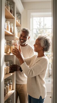 Smiling senior black couple organize kitchen pantry together. Mature man, woman arrange glass jars with grains on wooden shelves. Happy elderly partners home improvement task in bright room. Domestic