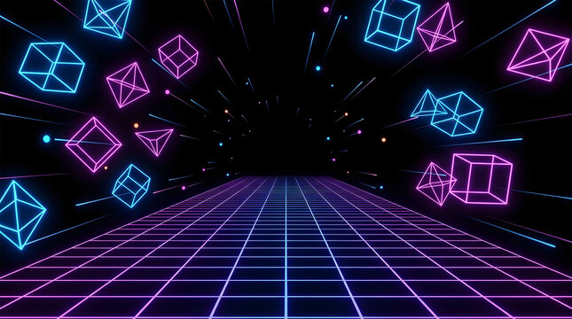Neon Geometric Cubes Tunnel Retro Background