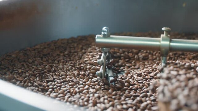 Aromatic roasted coffee beans moving through a rotating factory drum industrial mixing equipment blending brown grains cocoa drink roasting operations for beverage manufacturing processing indoors