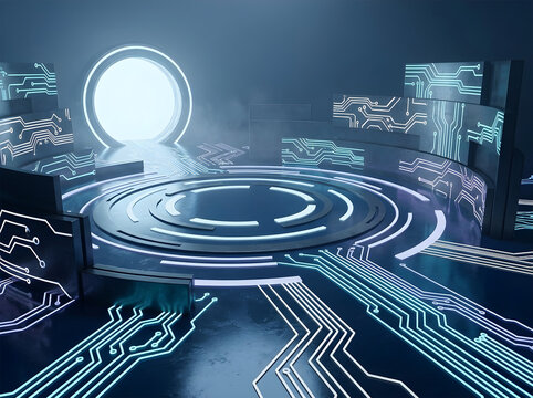 Futuristic Technology Platform with Portal Background