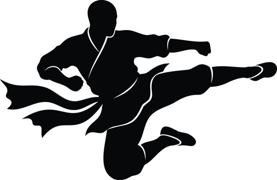 Black silhouette of a martial artist performing a flying kick, with flowing sash martial arts karate