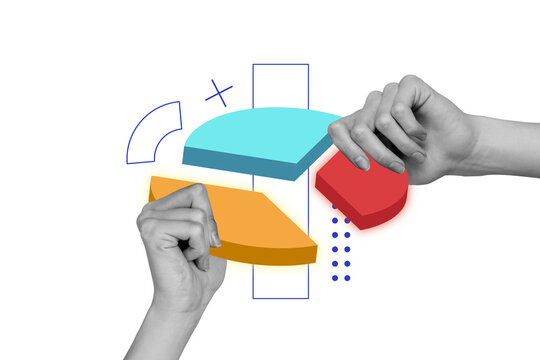Composite art 3d creative image collage of hands hold element diagram statistics development cooperation plan puzzle match