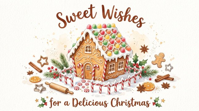 A whimsical watercolor illustration of a festive gingerbread house decorated with colorful candies and sugar icing, surrounded by candy canes, holly berries, spices, and stars, on a white textured bac