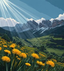 Naklejka premium beautiful dolomites landscape with blooming meadow in summer illustration