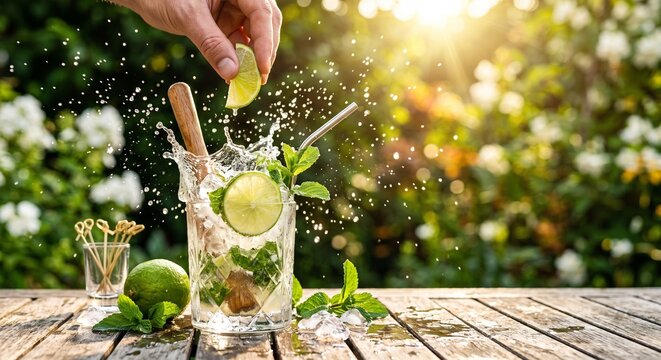 Hand squeezing fresh lime into a refreshing mojito cocktail with ice splashes outdoors.
