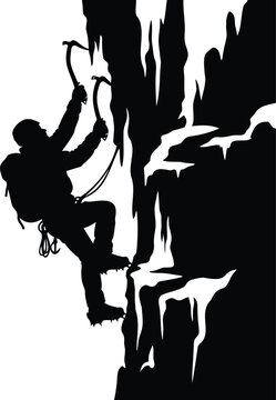 Silhouette of an ice climber scaling a frozen wall with ice axes and crampons ice climbing