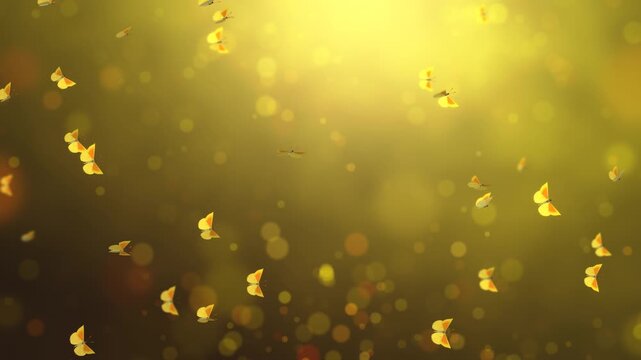 swarm of golden cleopatra butterflies gracefully flutters upwards through a sunlit bokeh background, evoking hope and wonder, loopable animation