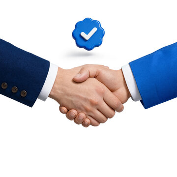 Two business people shaking hands with a blue verified checkmark icon isolated on white background