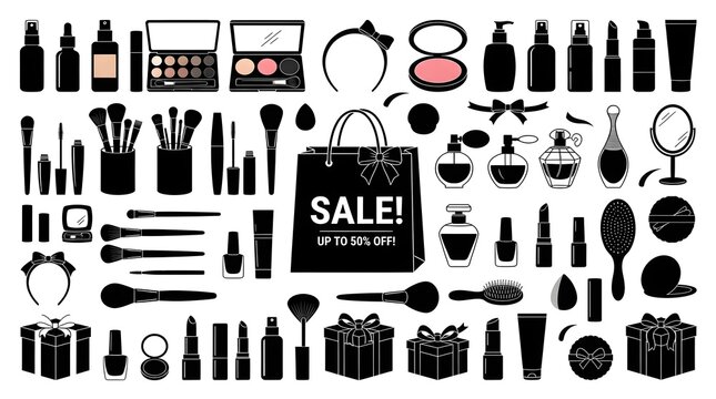 Beauty products and makeup accessories vector silhouette set with shopping sale bag
