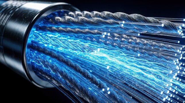 Close up of fiber optic cable with blue glowing light strands from metallic connector. High speed data transmission through glass wires in digital network. Telecom infrastructure uses optical