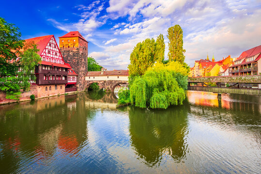 Nuremberg, Germany. Picturesque Pegnitz River,  half-timbered old houses - Bavaria.