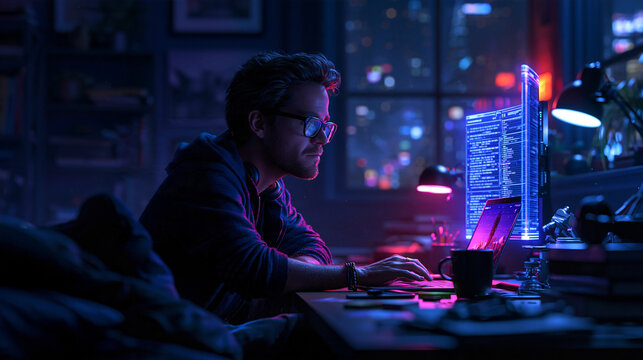 Software Programmer Working on Code Late at Night