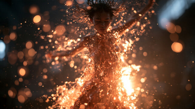 Woman Dancing with Glowing Liquid and Dynamic Fiery Splashes