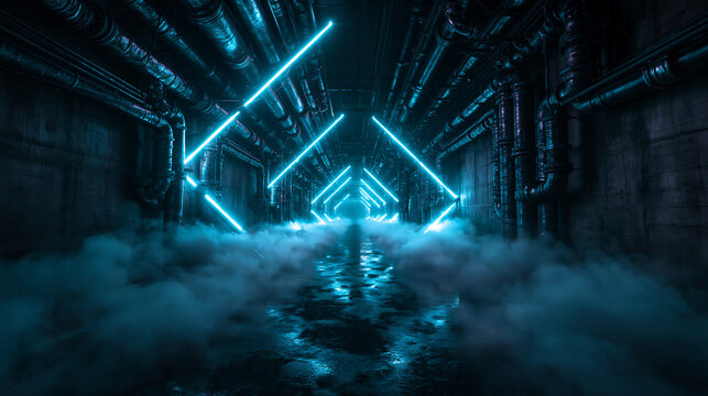 Futuristic Sci-Fi Tunnel with Blue Neon Lights and Smoke