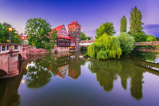 Nurnberg, Germany. Picturesque Pegnitz River, Bayern destination.