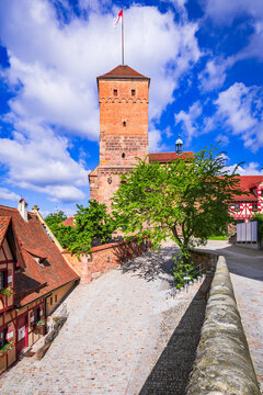 Nuremberg, Germany. Old town Kaiserburg and Heathen Tower, medieval cityscape in Bavaria.