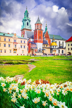 Krakow, Poland. Wawel Saint Wenceslaus Cathedral, springtime landscape