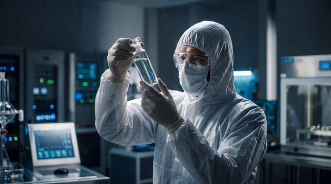 Scientist in Protective Suit Examining Chemical Sample in Laboratory