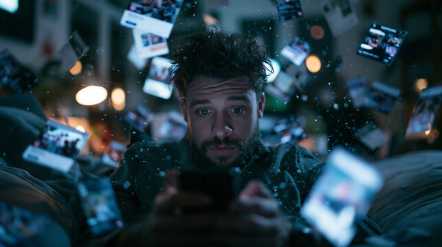 Young Man Overwhelmed by Social Media Posts on Smartphone
