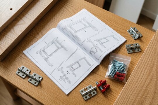 Close up of furniture assembly process. Instruction manual lies on wooden surface with metal hinges, screws. DIY project setup includes hardware components, guide for building home decor. Handyman