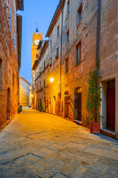Pienza, Italy. City Hall and Corso il Rossellino, beautiful historical center of Comune di Pienza.