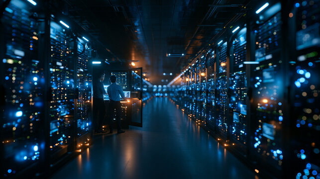 Engineers Working in Modern Data Center Server Room