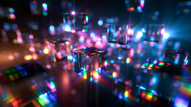 Abstract Glowing Glass Cubes with Prismatic Light Refraction