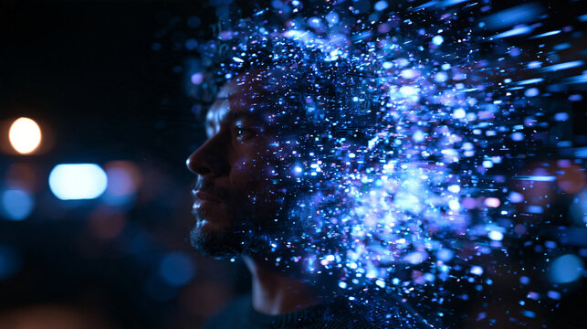 Man Head Dissolving into Glowing Digital Particles and Data