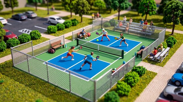 Miniature Diorama Model of Outdoor Pickleball Court with Players