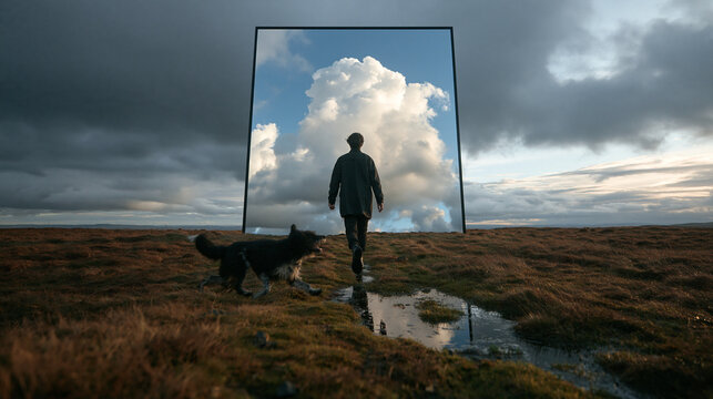 Man and Dog Walking Towards Portal Showing Sunny Sky