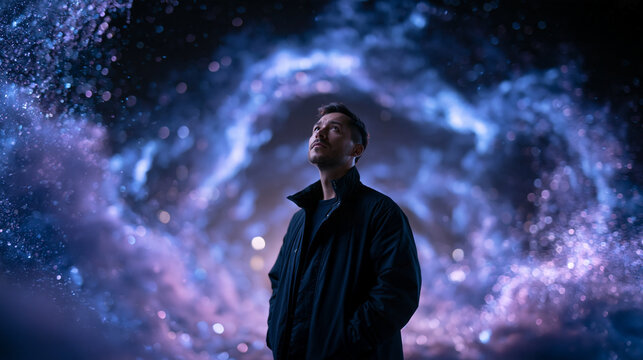 Man Looking Up into Glowing Cosmic Energy Vortex