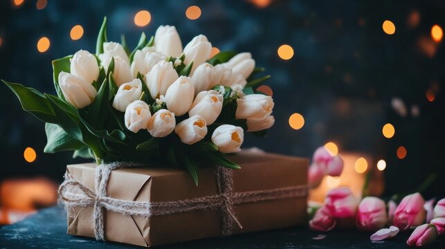 White Tulips Bouquet on Wrapped Gift Box with Bokeh Lights