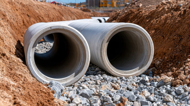 Concrete pipe drainage installation construction site with large gray concrete pipe sections prepared for underground water management rocky trench, showing infrastructure planning and industrial