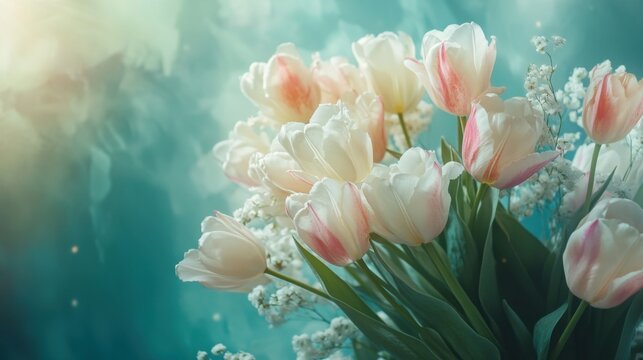Beautiful Bouquet of Pink and White Tulips with Soft Teal Background