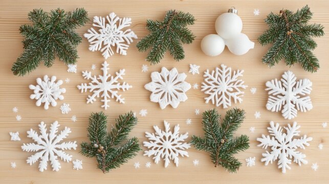 Christmas flat lay with decorative white snowflakes and green fir branches on wooden background