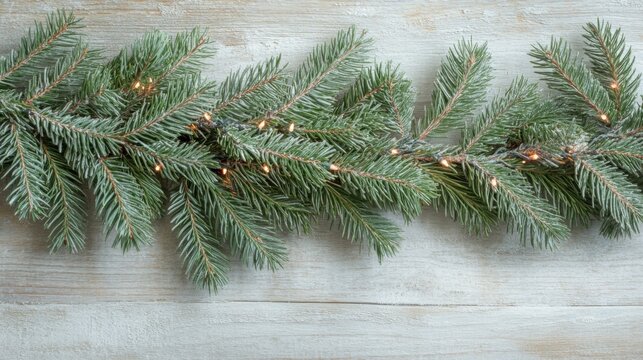 Christmas Pine Garland with Warm Fairy Lights on Rustic Wood Background
