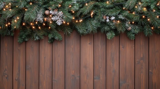 Christmas Pine Garland with Warm Fairy Lights on Rustic Dark Wood Background