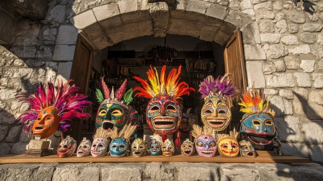 Colorful Traditional Mexican Decorative Masks Display