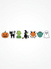 Fototapeta premium Set of Cute Halloween Cartoon Characters and Icons Including Pumpkin, Witch, Ghost, and Zombie on White Background