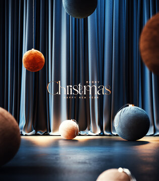 Christmas greeting card design. Blue velvet stage curtains with Christmas decoration and text. 3D Rendering, 3D Illustration