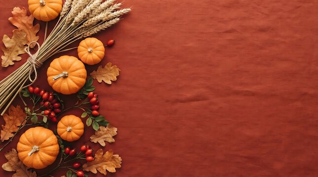 A festive thanksgiving arrangement pumpkins wheat and autumn leaves on a rich red background