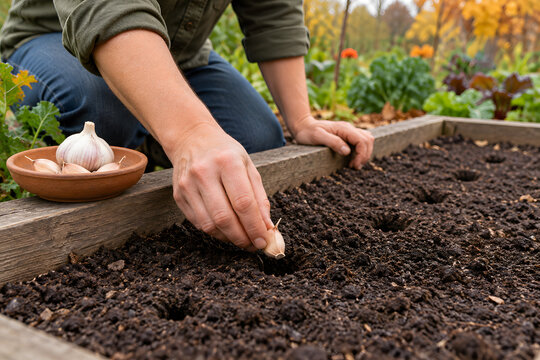 Hands planting a garlic clove in a raised vegetable bed in autumn