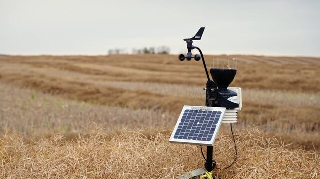 Static shot of a portable agricultural weather station in a Saskatchewan wheat field, with the wind meter spinning and a solar panel visible under overcast fall skies