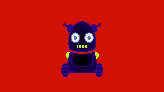 Animated vector illustration of a cute sitting robot with round head and glowing eyes against a solid red background, ideal for technology and children's content