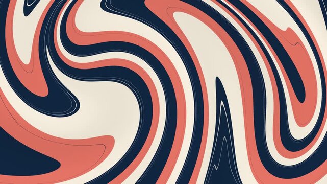 Bold flowing stripes in coral pink, navy blue, warm ivory and muted peach form a dynamic retro optical pattern. 
