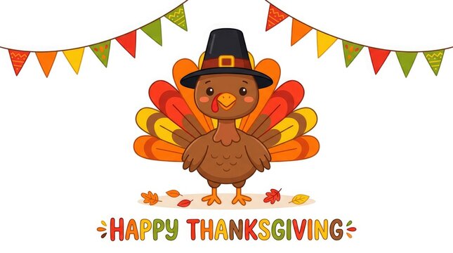 A festive thanksgiving turkey illustration with bunting celebrating gratitude and the autumn harvest season