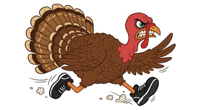 A cartoon turkey wearing sneakers is running quickly likely escaping a thanksgiving dinner fate