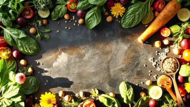 Fresh Vegetable, Herb and Spice Border Around Dark Stone Cooking Surface with Food Copy Space